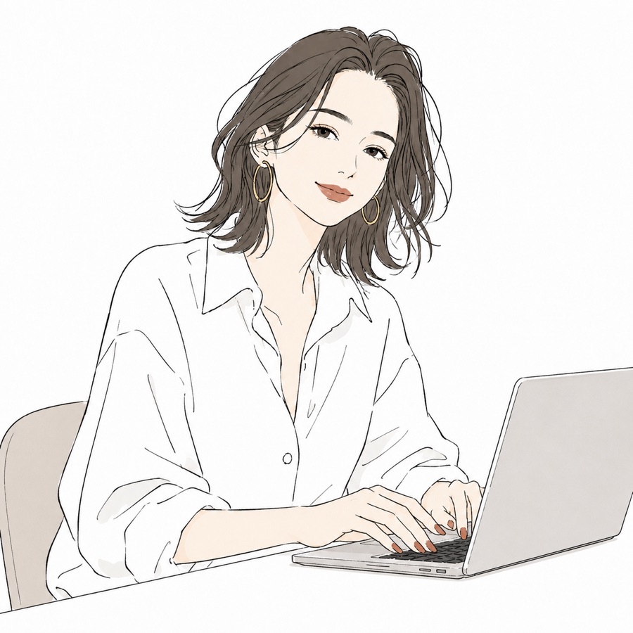 パソコンで仕事をする、うみのイラスト